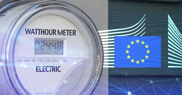 A watt-hour meter with a reading on its display against the flag of the European Union.