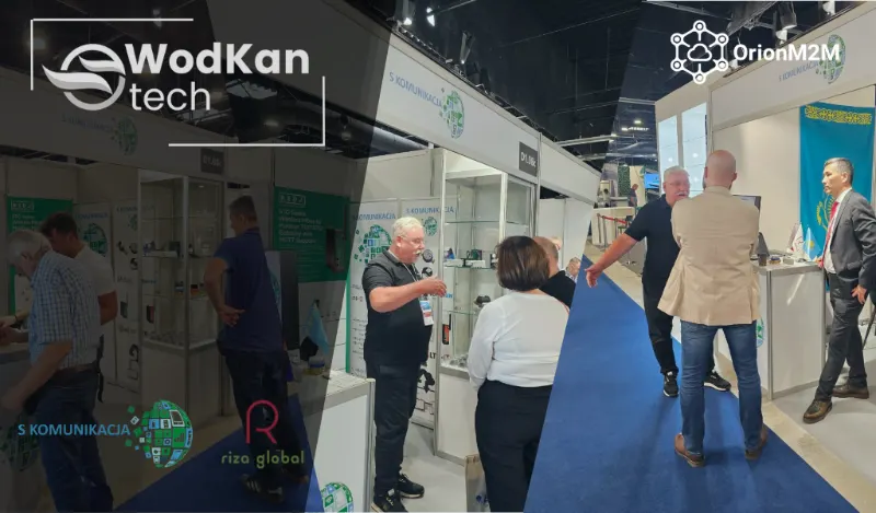 Collage from WodKan-Tech 2024 in Warsaw: visitors at the showcases of the S Komunikacja stand, with the S Komunikacja and Riza Global logos below.