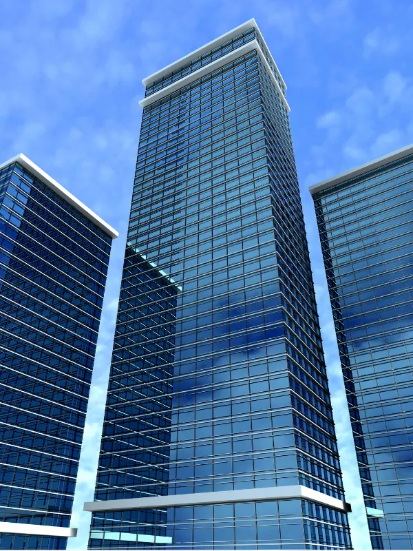 3D illustration of high-rise business center office buildings with glass facades against a blue sky.